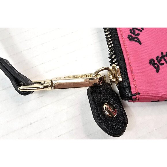Betsey Johnson Pink Cat Print Wristlet Purse With Zippered Closure & Black Strap - Picture 4 of 5